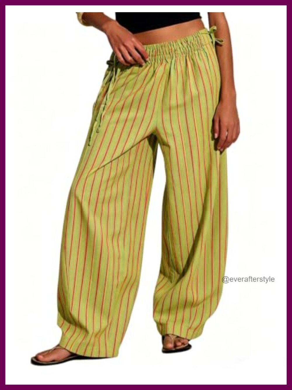 Women Striped Wide Leg Drawstring Pants Cotton Palazzo Trousers